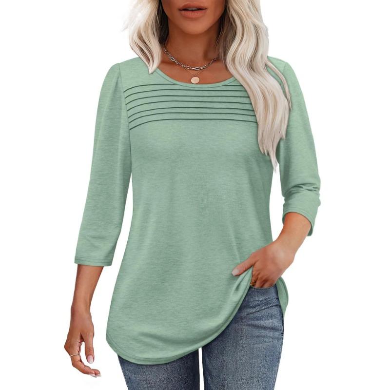 Autumn Round Neck Seven Quarter Sleeve Pleated Top Women's T-shirts
