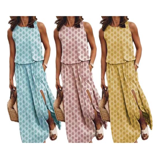 Damen Ärmelloses Maxi Kleid Lässig Rundhals Elastische Taille Schlitz Langes Kleid