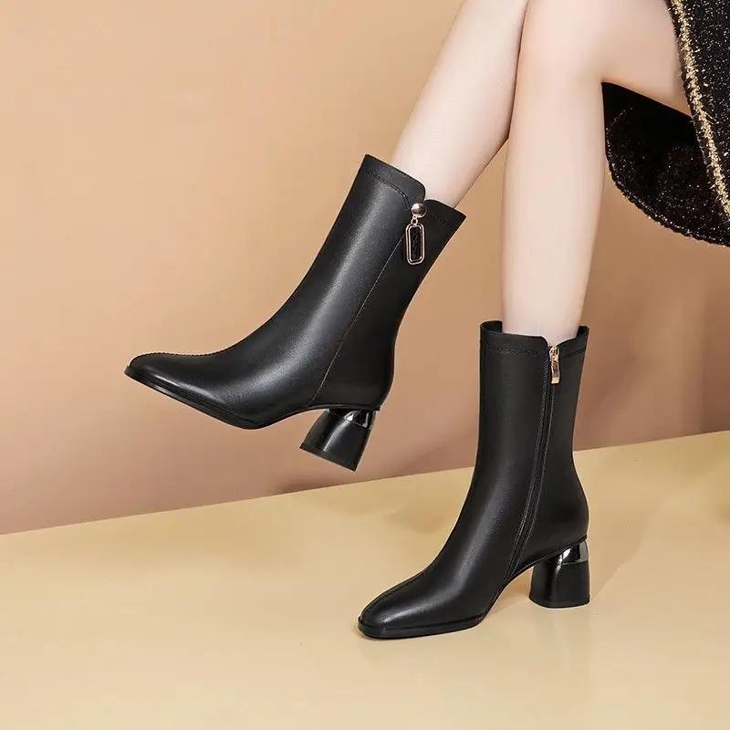 

Fashion British Style Warm Leather Half High Boots for Women Large Size Pu Designer Luxury Hot Work Waterproof Goth Mid Calf Shoes Woman 40