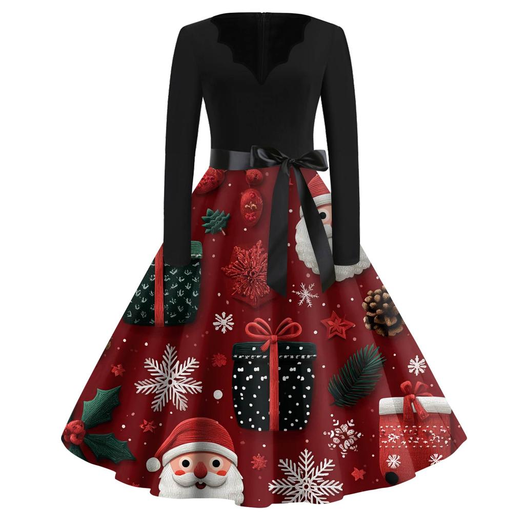 Women's Fashion V-Neck Relaxed-Fit Christmas Print Long-Sleeved Dress