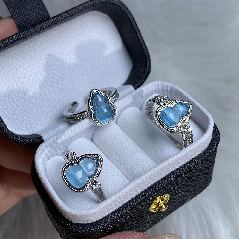 Sea Blue Gourd With Diamonds, Lace Open Ring, Niche Personality, Light Luxury, High-End Ring, Female.