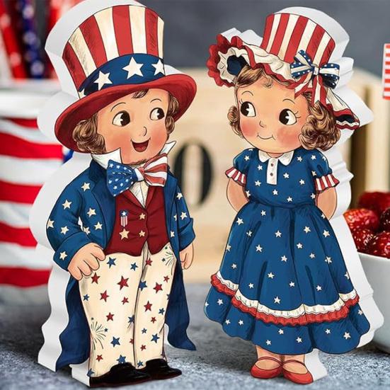 2 Pcs 4th of July Standing Block Sign Patriotic Tiered Tray