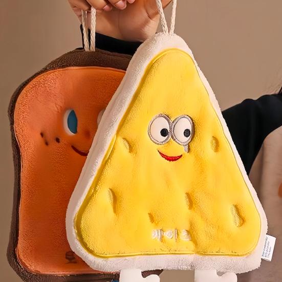Hand Towel with Lanyard Design, Quick Absorbent Hanging Hand Towel, Cartoon Cheese Toast Design Bathroom Towel for Home Use