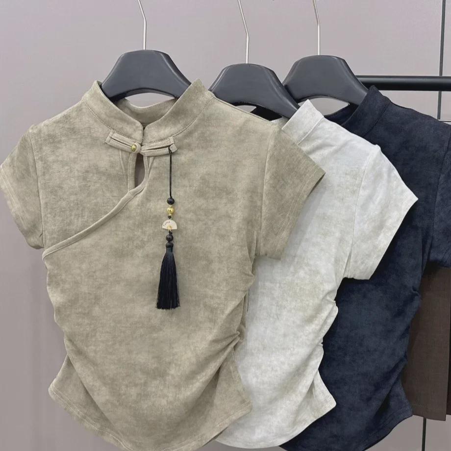 2024 Retro Chinese-Style Buttoned Gradient T-Shirt - Women's Short-Sleeve Summer Design