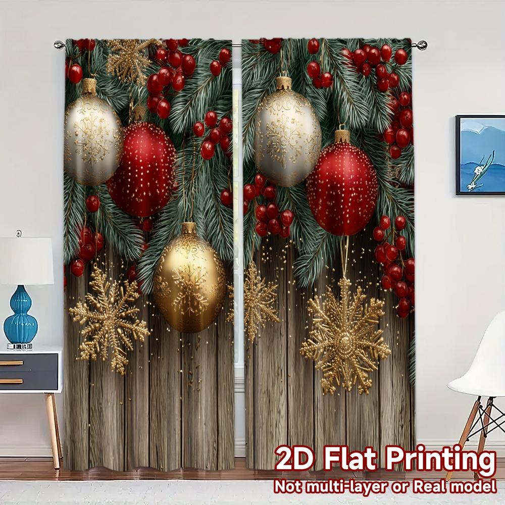 

Set Of 2 Flat Printing Jit Curtains Without Rod Festive Ornaments Fashionable Chic Durable Polyester Fabric Curtain W100*H70(CM)-Grommet top&2PCS