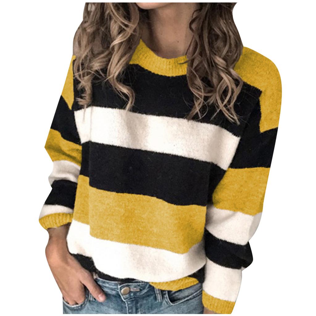 Fashion Women  Long Sleeve Striped Print Casual Knitted Loose Sweater Top