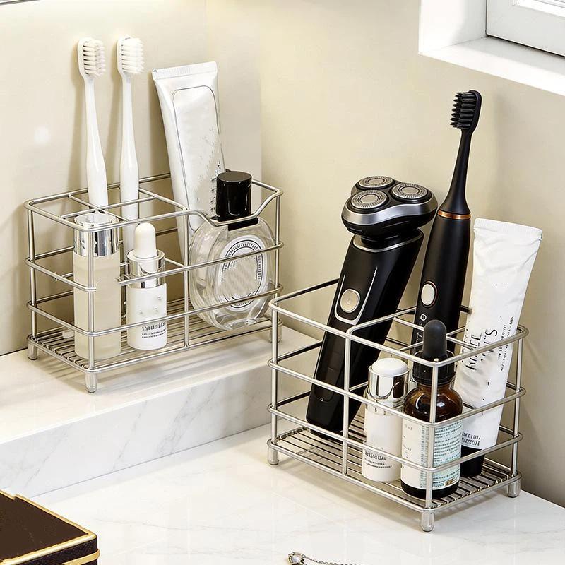 Stainless Steel Toothbrush Holder Free Standing Shaving Equipment Storage Rack for Bathroom Vanity Countertop Use