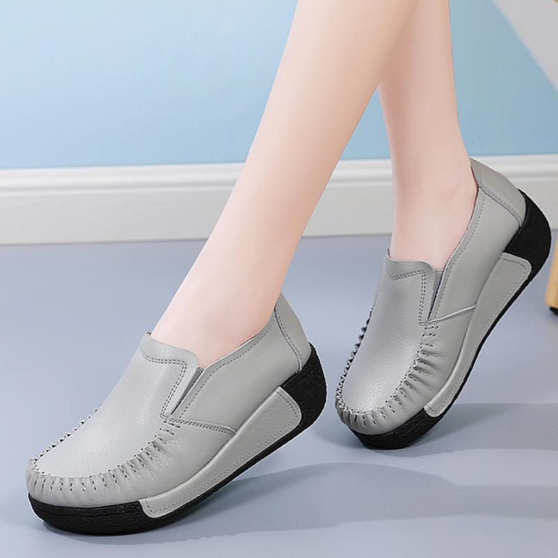 Genuine Leather Women Working Shoes Fashion Wedge Heels Platform Shoes Non-slip Loafers Casual Walking Shoes