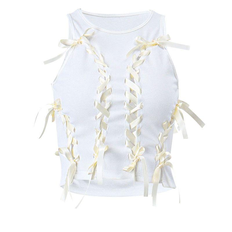 

European and American 2025 Popular Fashion round Neck Hollow Cross Lace-up Bow Short Sleeveless Pure Desire Slim fit Top Women White S