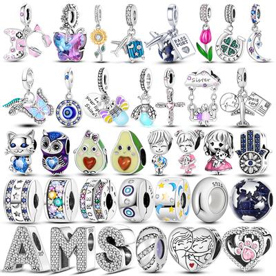 Strieborné kúzla 925 Chameleon Lietadlo Butterfly Clover Prívesok Cat English List Sister Bead Fit Originálny módny náramok Diy