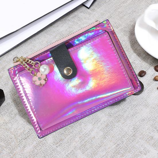 Damplånbok Faux Pearl Flower Charm Iriserande Bärbar Bi-fold Multi-fack Kreditkortshållare Dragkedja Smal