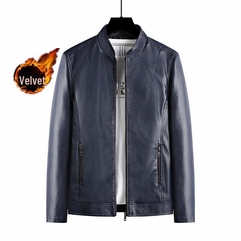 Męska modna kurtka skórzana ze stójką na wiosnę i jesień 2023 z aksamitem dla młodzieży
