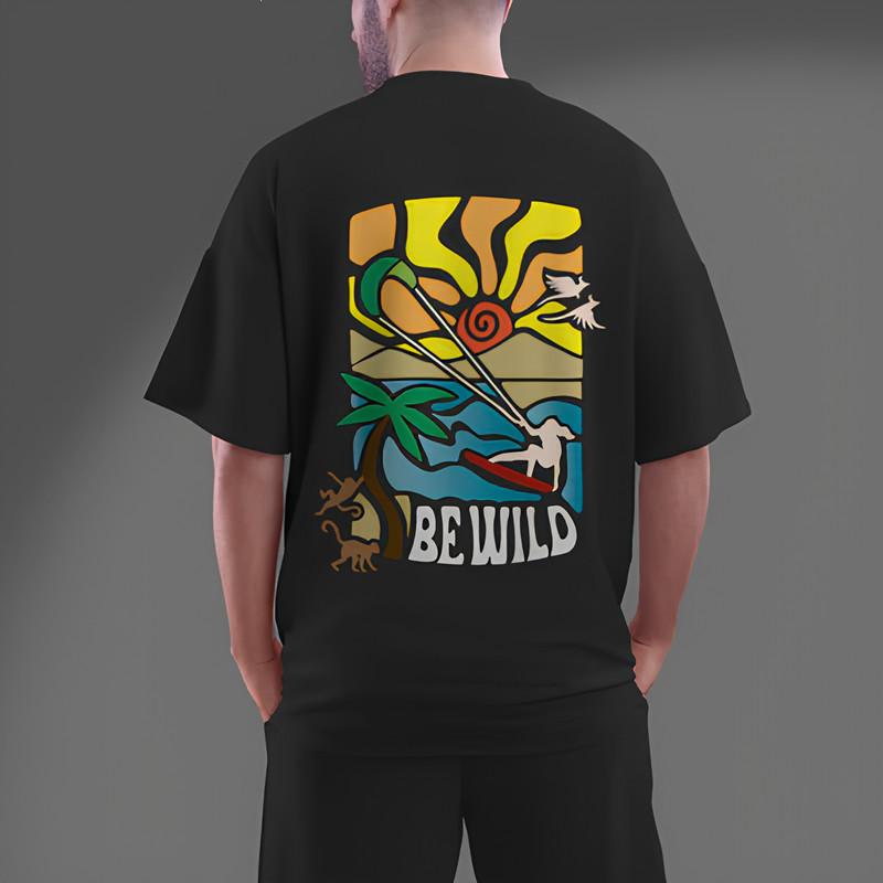 Men s Oversized Black Be Wild Graphic T-Shirt Size S-4XL XL