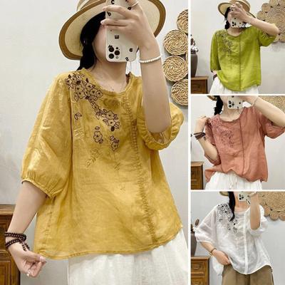 Women Tops Round Neck Sleeve Embroidered Flower Color Pattern T-shirt Solid Tee Loose Fit Shirt Streetwear