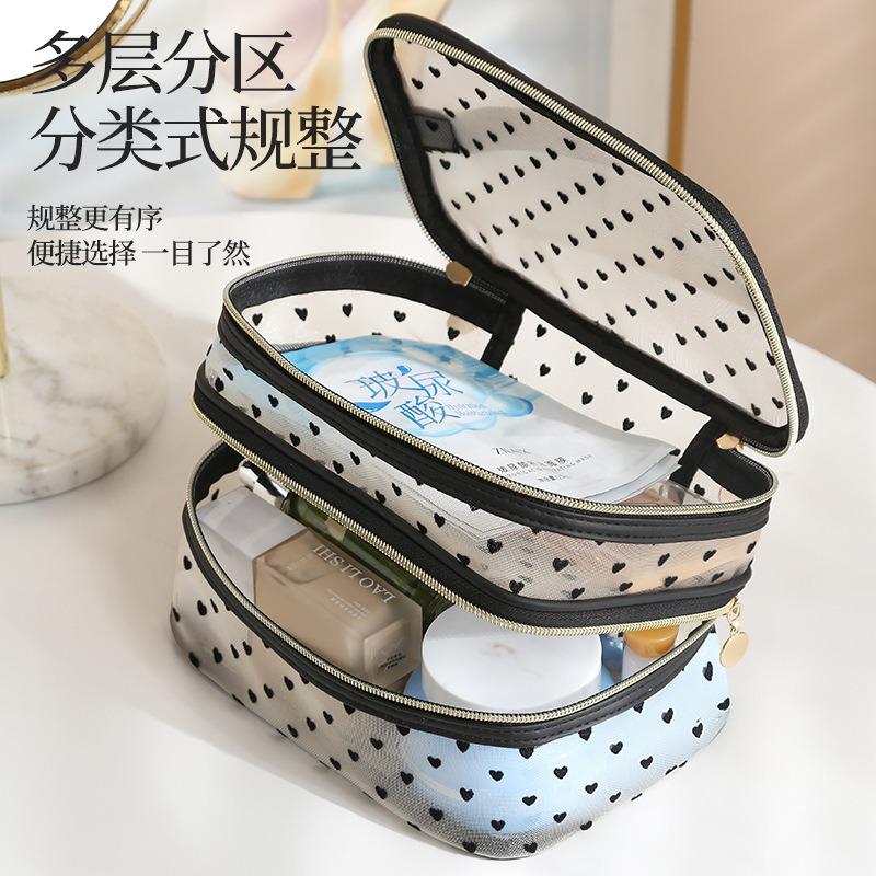 Large Capacity Flocked Heart Pattern Mesh Cosmetic Travel Storage Bag