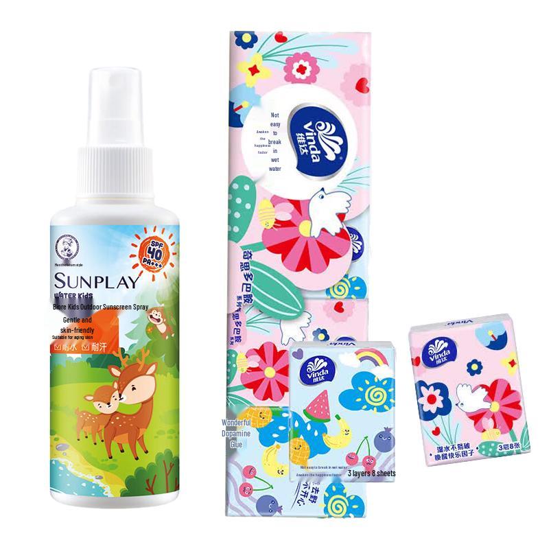 Mentholatum Sunplay Kids Outdoor Sunscreen Spray (120ml) with Vinda Handkerchiefs Bundle