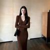 Women's 2026 Hepburn Style Brown V-neck Slim-Fit Knit Bodycon Dress