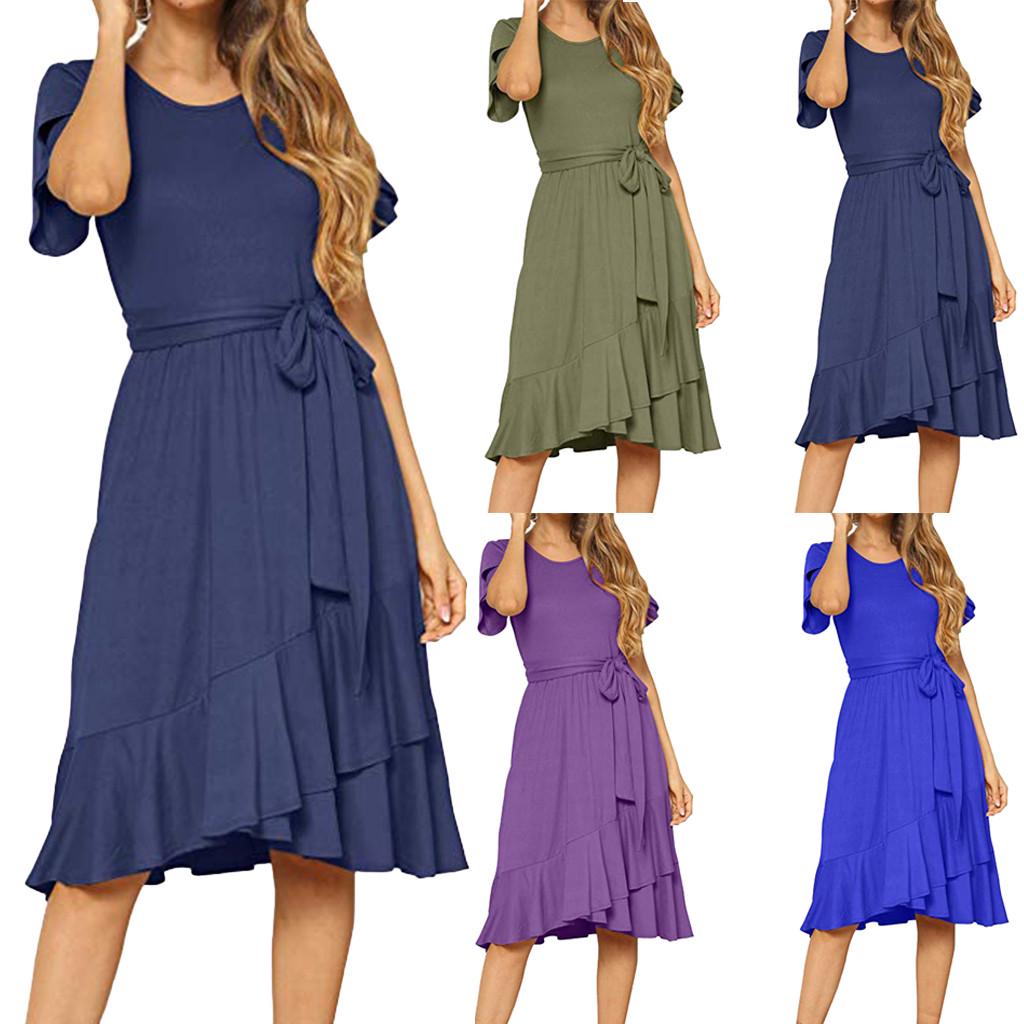 Buy Women's Summer Short Sleeve Plain Casual Flowy Midi Dress with Belt