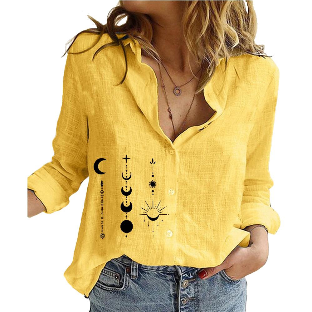 

Женская модная блузка с принтом на пуговицах, свободный топ из хлопка и льна, повседневная рубашка с длинным рукавом 5XL жёлтый