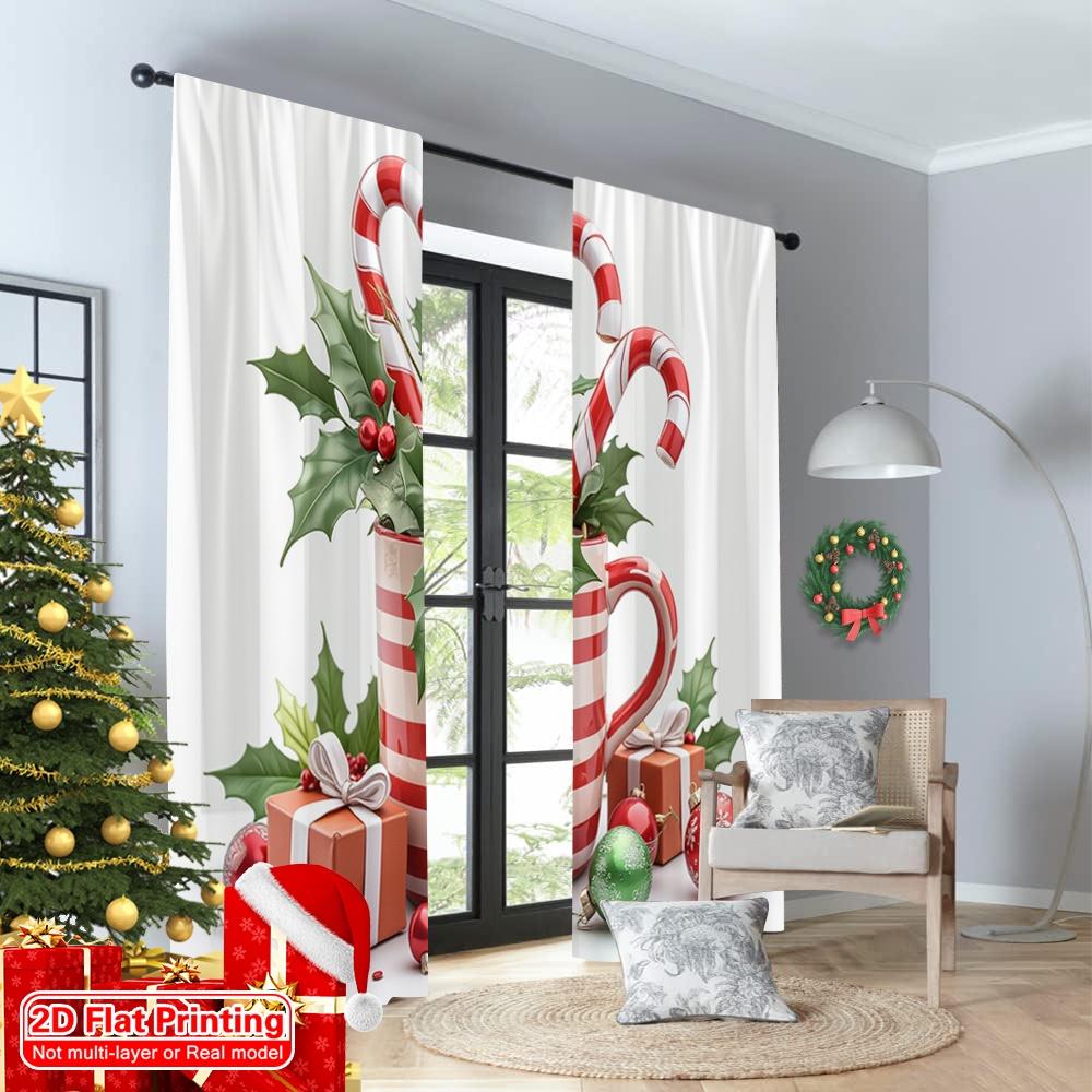 2pcs 2D Flat Printing Christmas Window Curtains Christmas Cup Candy Canes Holly Polyester Fabric Without Electricity Party &