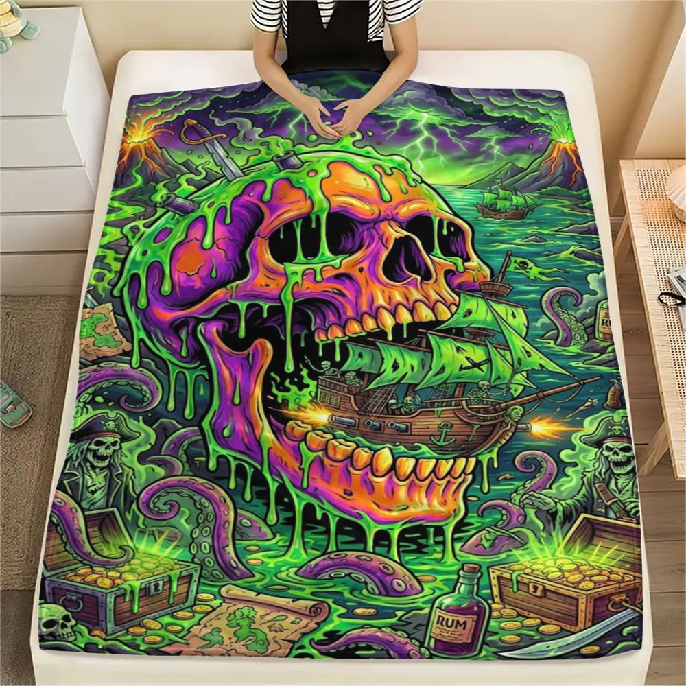 Corrosive Acid Skull and Rose Print Flannel Blanket,High Quality Comfortable for All Seasons,Home Decor,Warmth and Comfort,Perfect for Christmas Gifts