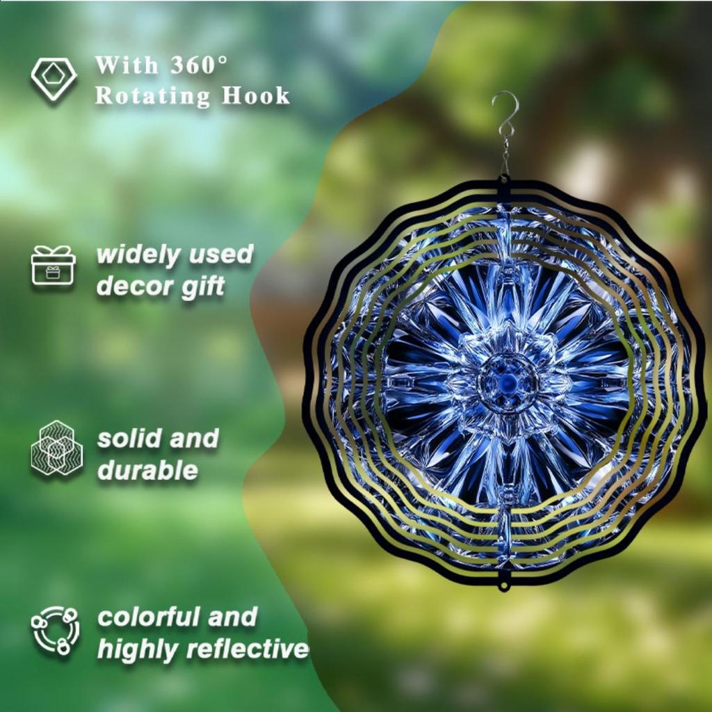 Kovový větrník otočný o 360 stupňů pro venkovní použití s fasetovaným designem modrého křišťálu, závěsná dekorace pro zahradu, terasu, balkon, pro všechna roční období