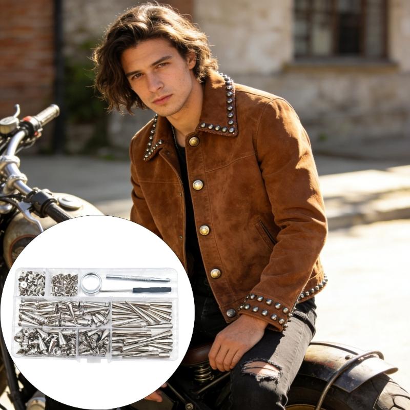 105Pieces Multiple Size Alloy Punk Rivets Set Including Tool and Case for Crafting Clothing Designs