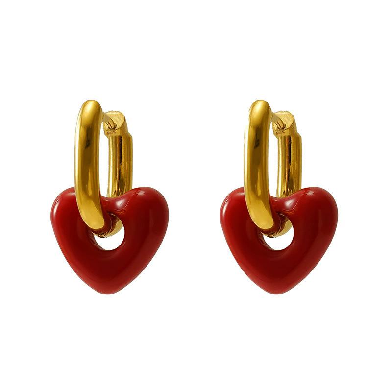 Retro Red Love Earrings Women's New Light Luxury High-end Ear Buckles Earrings Peach Heart Unique Autumn and Winter Earrings