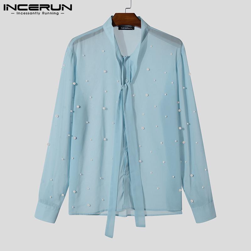 INCERUN Men Lace Up Neck Pearl Decoration Mesh Long Sleeve T-shirts Tops