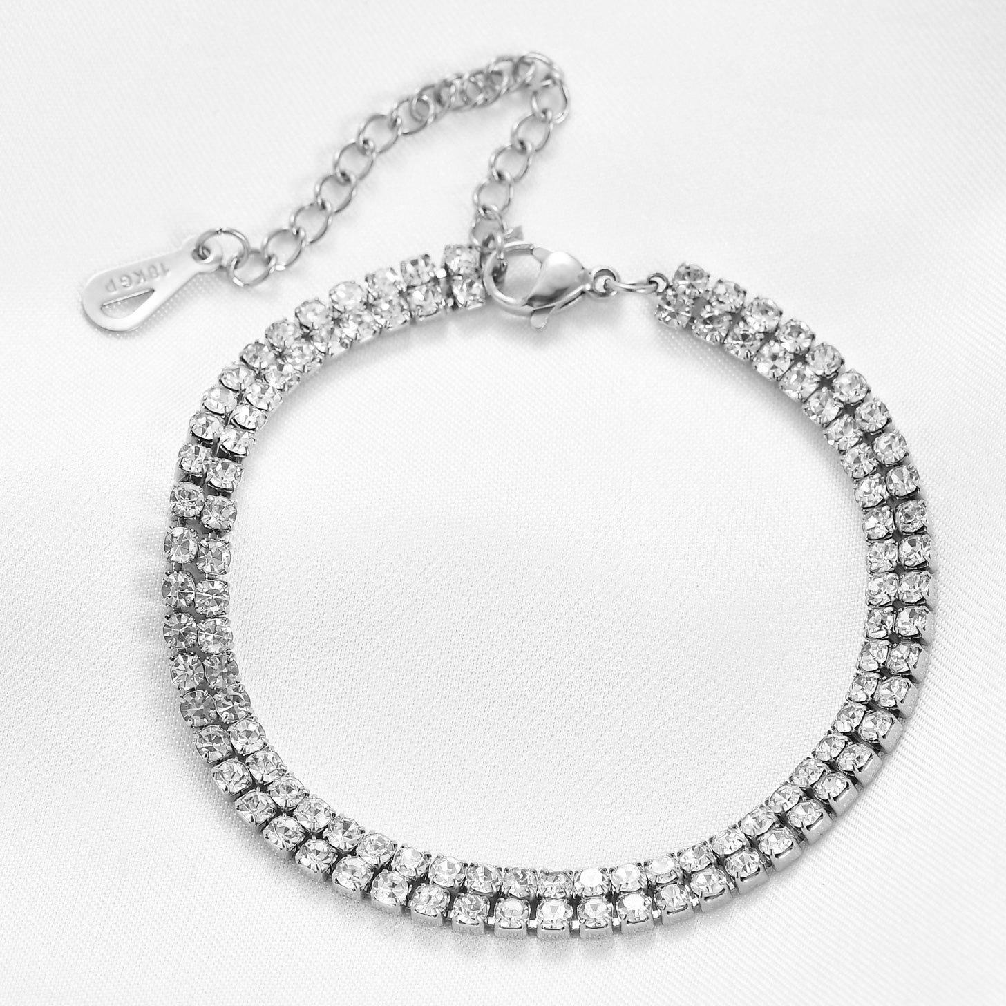 6MM Double Row Rhinestone Inlaid 14K Gold Stainless Steel Bracelet for Women - Fashionable and Versatile