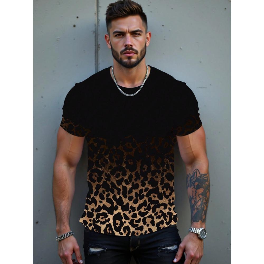 Men's Round-neck Leopard Print 3D Printed Short-sleeved Casual Digital Printed Motorcycle Clothing