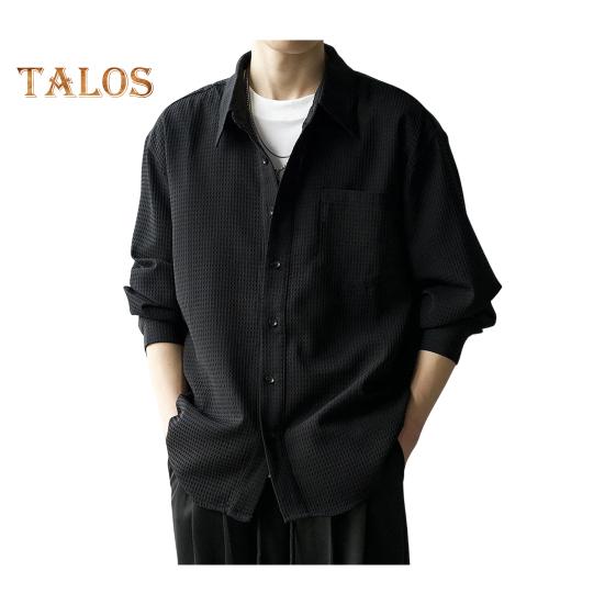 

Мужская вафельная рубашка на пуговицах с длинным рукавом, повседневная свободная футболка с нагрудным карманом, мужская осенняя деловая рубашка M чёрный