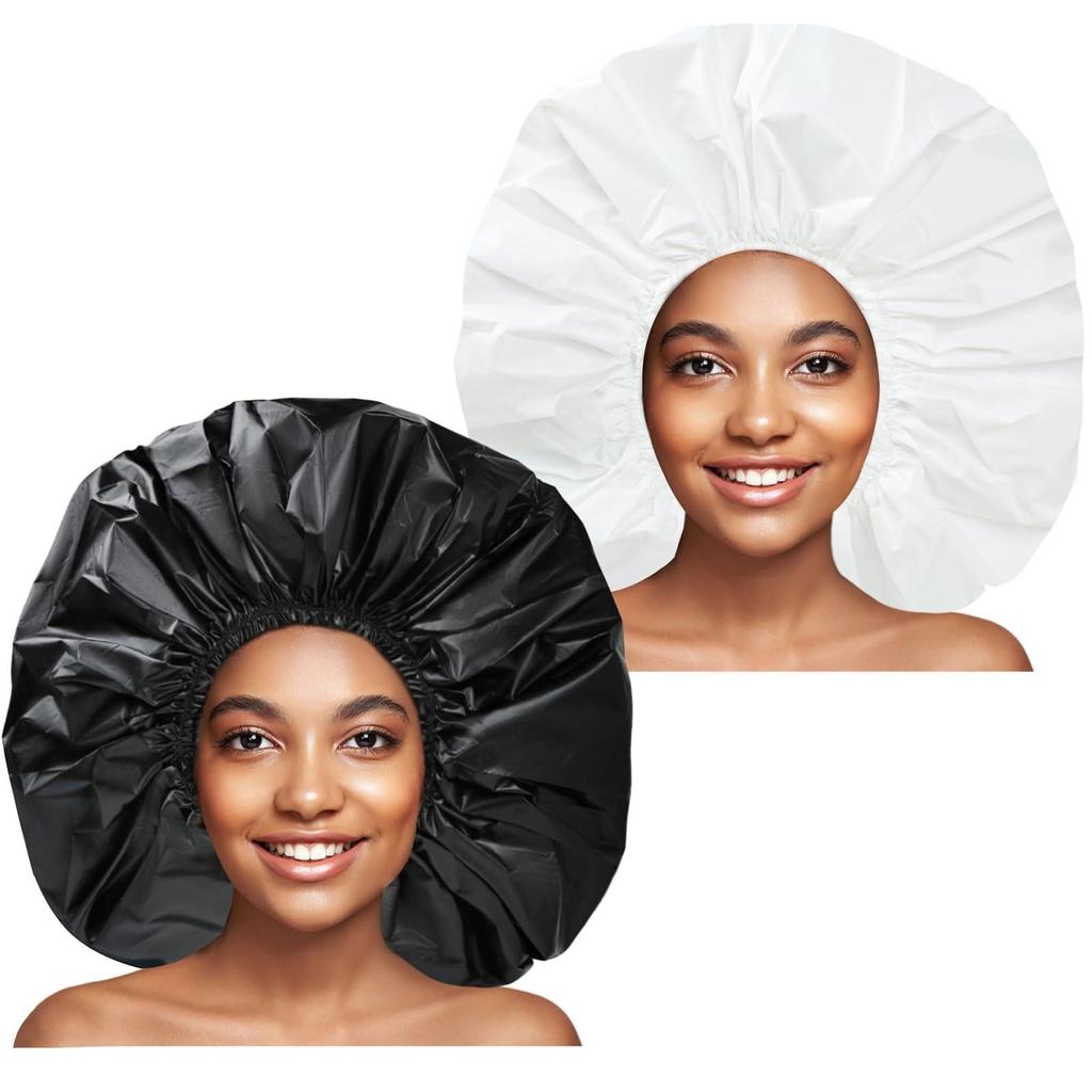 Two-Piece Extra-Large Waterproof Bath Cap Set, Reusable for Long Hair, Thick Curls, and Braided Styles (Black + White)