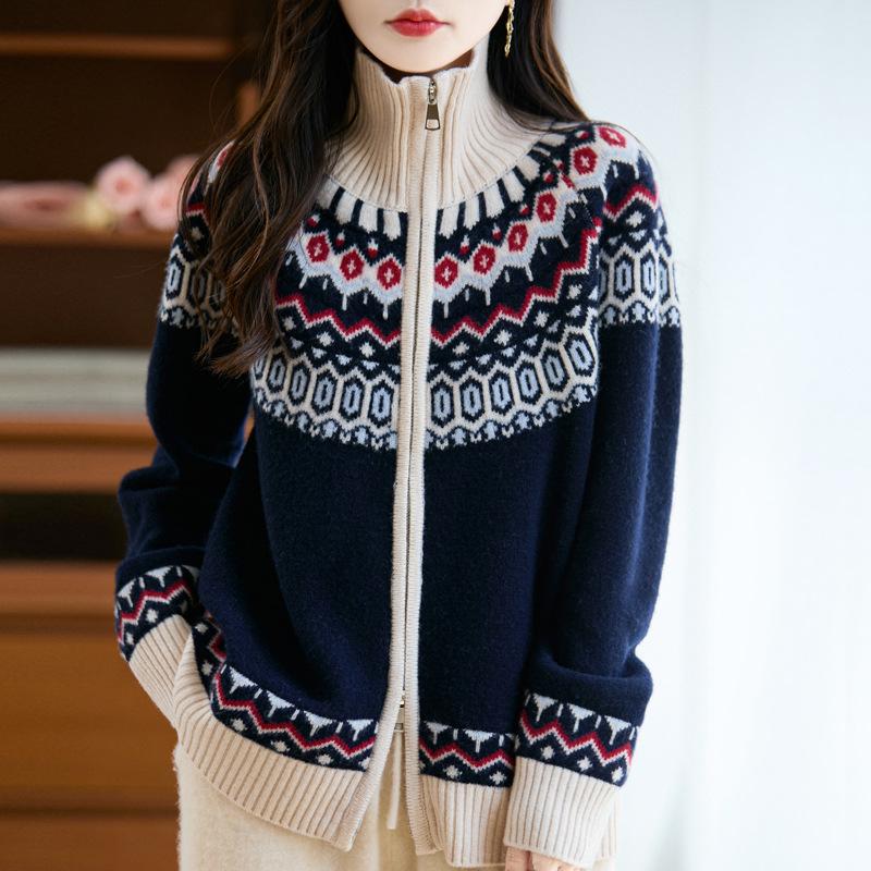 Women's Thickened Fair Isle Pure Wool Cardigan – Loose Knit Sweater Coat for Autumn & Winter
