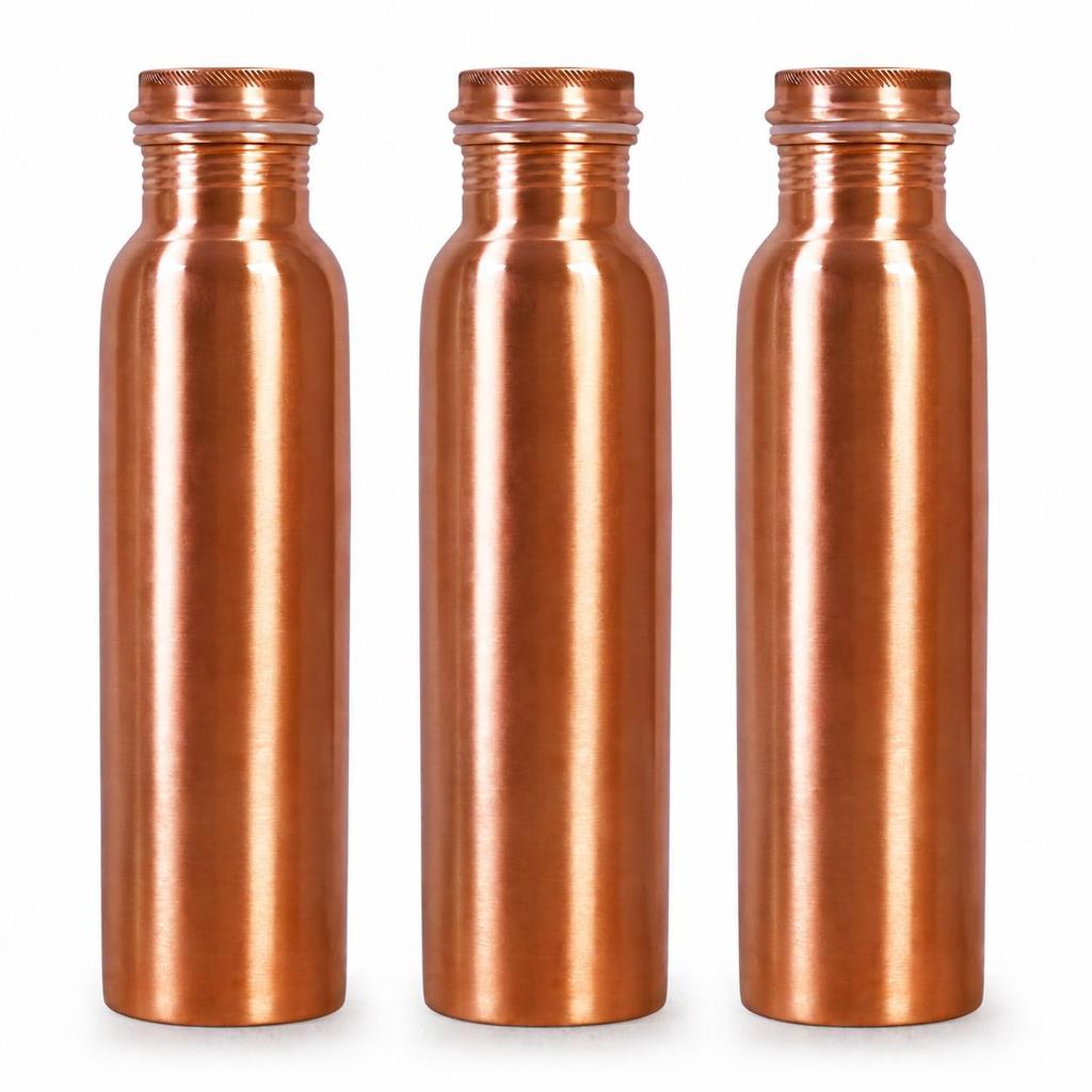 Conjunto de Garrafas de Água de Cobre Puro Nirmal Ganga - 1 Litro Cada, Design Liso Premium, Qualidade Superior de Cobre Puro Shudh//Pacote com 3
