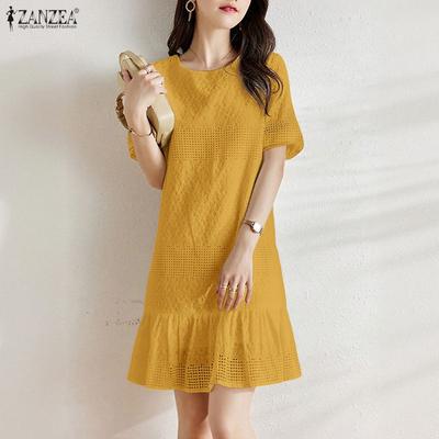 Damen Patchwork Lässiges Rundhals Sommer Kurzarm Kleid