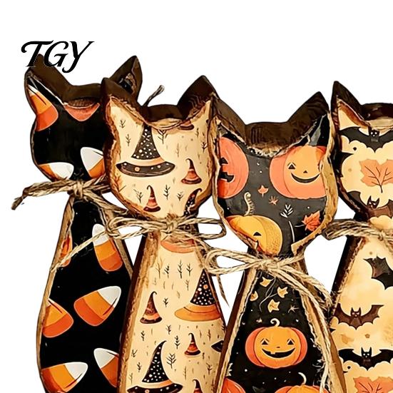 Retro Farmhouse Shelf Display Rustic Wooden Cat Ornament, Vintage Halloween/Flower Wood Tabletop Signs, Witch Hat Decor Distressed Animal Figurines