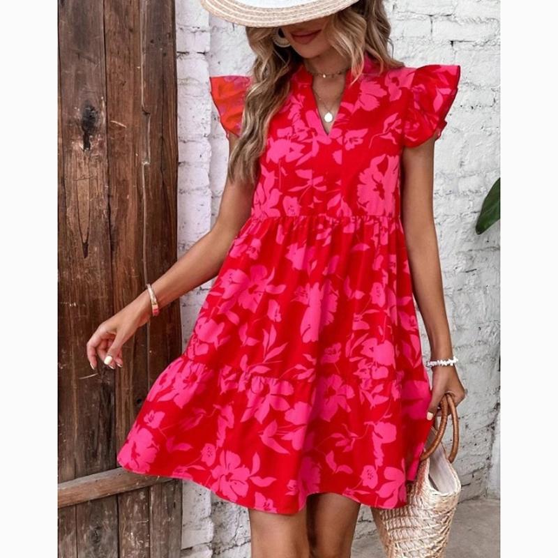 Spring Summer Ruffled Sleeve V-Neck Sexy Dress Women Loose Waist Printed Floral Short Dress Woman Fashion Vintage Elegant Casual Dresses 24515