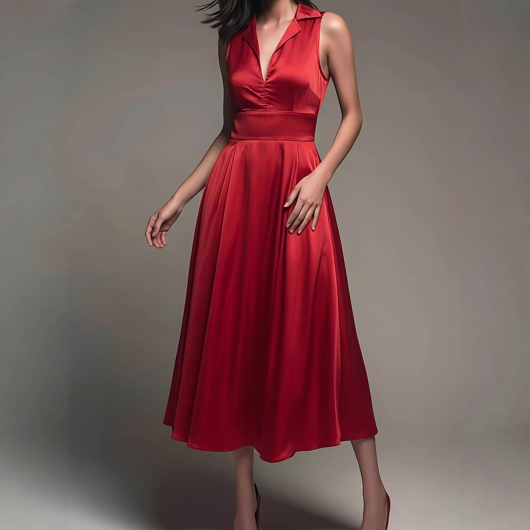 Women s Fashion Elegance Temperament Lapel Sleeveless Deep V Dress Waist Skinny Commuter Dress Dress S красный