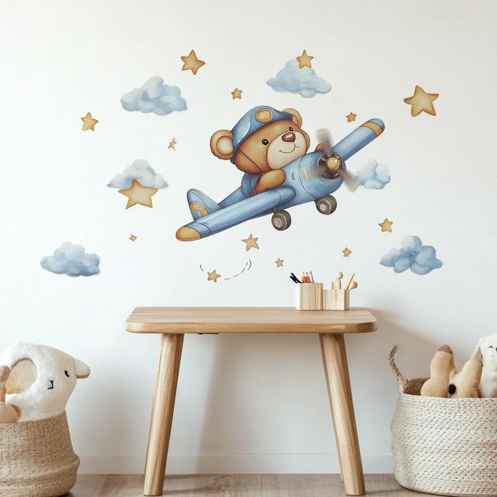 Cartoon Bear Flying Plane Stars Clouds Bedroom Living Room Home Background Beautification Decoration Wall Stickers