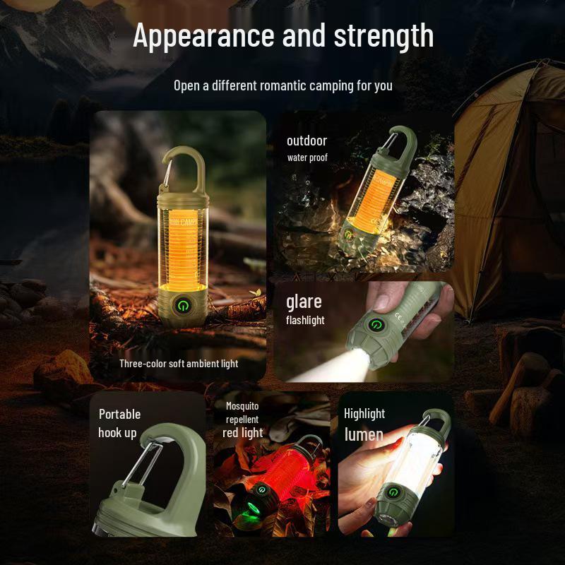 Portable Waterproof Camping Light with Type-C Charging, Hook, and Emergency Lighting