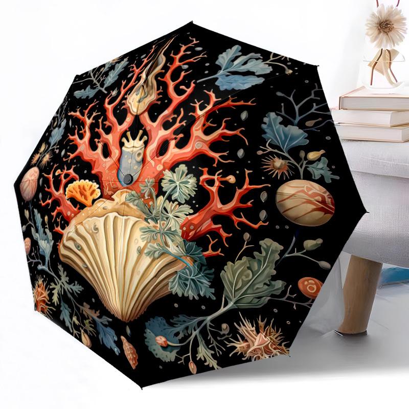 Underwater Elegance A Shell And Coral Composition Automatic Umbrella Retractable Design With 8Rib Durability Durable Plastic Iron Travel Essential