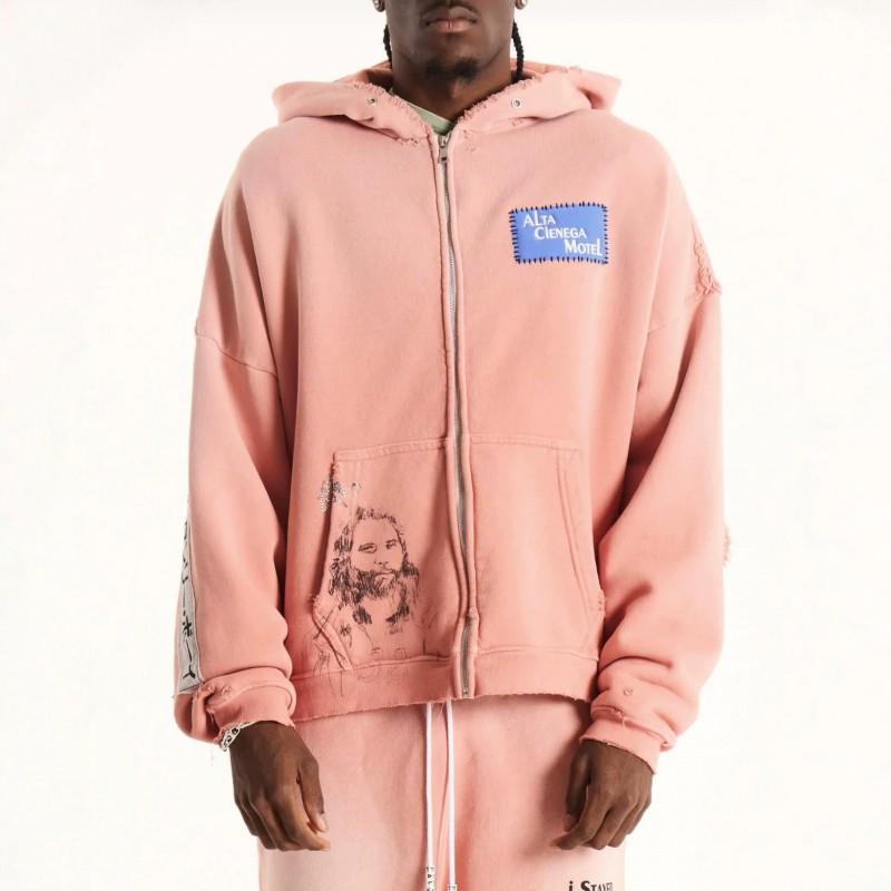 Unisex Oversized Hooded Zip-Up Sweatshirt Water Washed Distressed Streetwear Pullover Winter Casual Top