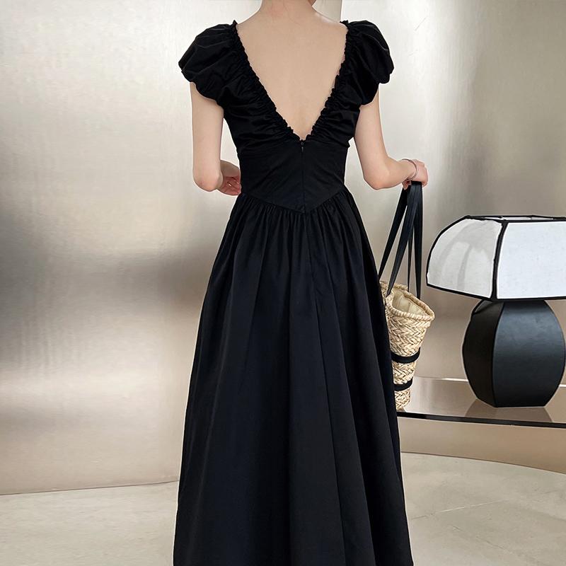 Johnature Summer French Waist Open Back V-Neck Dresses Women Simple Casual Sleeveless Pleated Long Dress