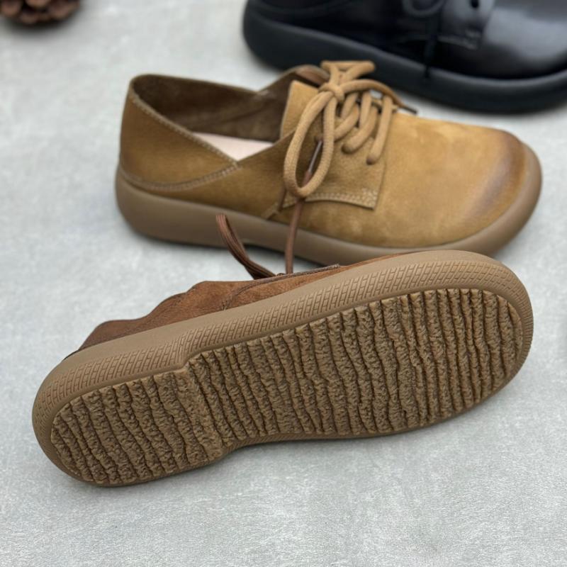 Johnature Genuine Leather Women's Shoes Retro Round Toe Soft Soled Lace Up Versatile Shoes