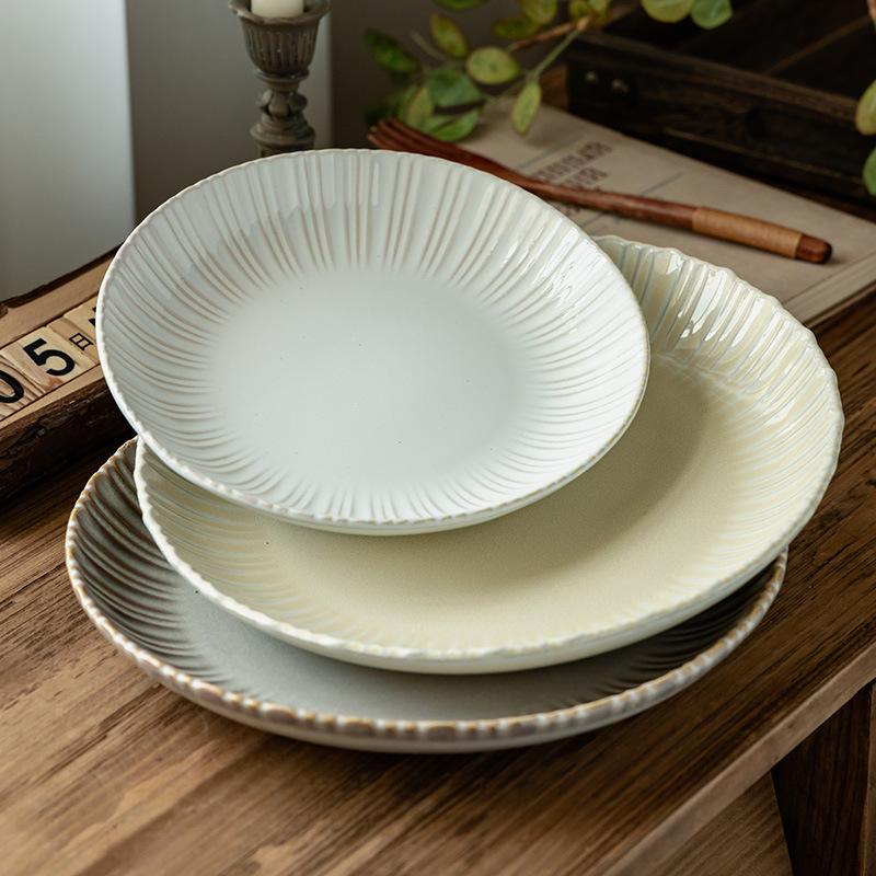 Delicate Ruffled Ceramic Large Plate Tableware Plate Retro Style Round Plate Relief Home Vegetable Plate Restaurant Deep Plate