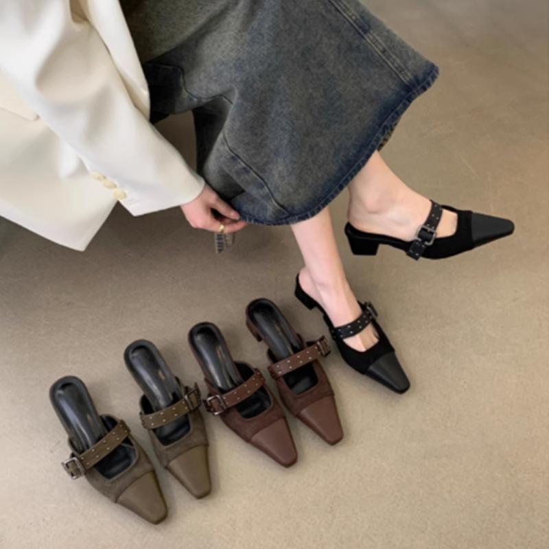 Low Shoes Cover Toe Woman's Slippers Square Heel Slides Med 2025 Block PU Fabric Rome Hoof Heels Rubber Shoes Low Cover Toe Squa