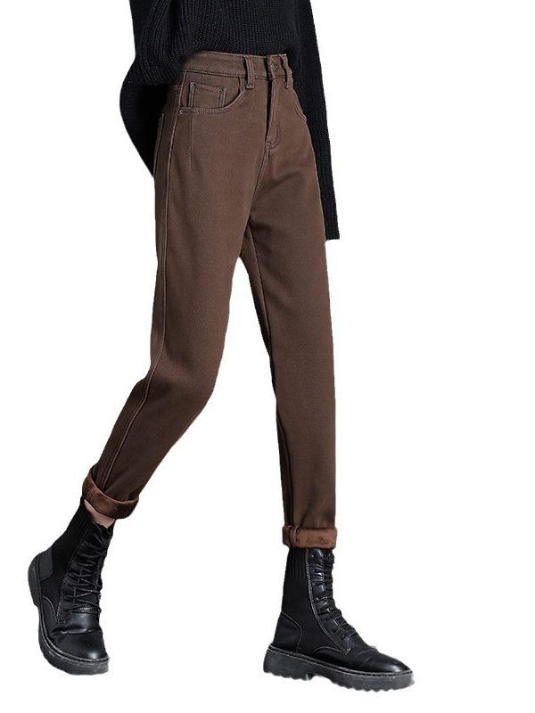 Coffee Brown Women's High-Waisted Velvet-Lined Loose Jeans - Winter 2025 Harajuku Style Trousers