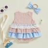 Newborn Girl Outfit, Sleeveless Plaid Patchwork Romper Dress with Bowknot Hairband Summer Clothes
