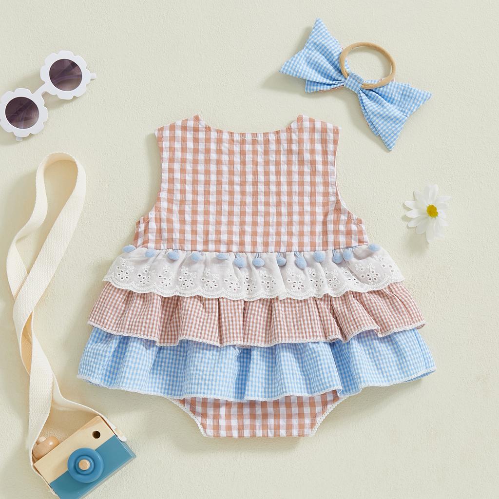 Newborn Girl Outfit, Sleeveless Plaid Patchwork Romper Dress with Bowknot Hairband Summer Clothes